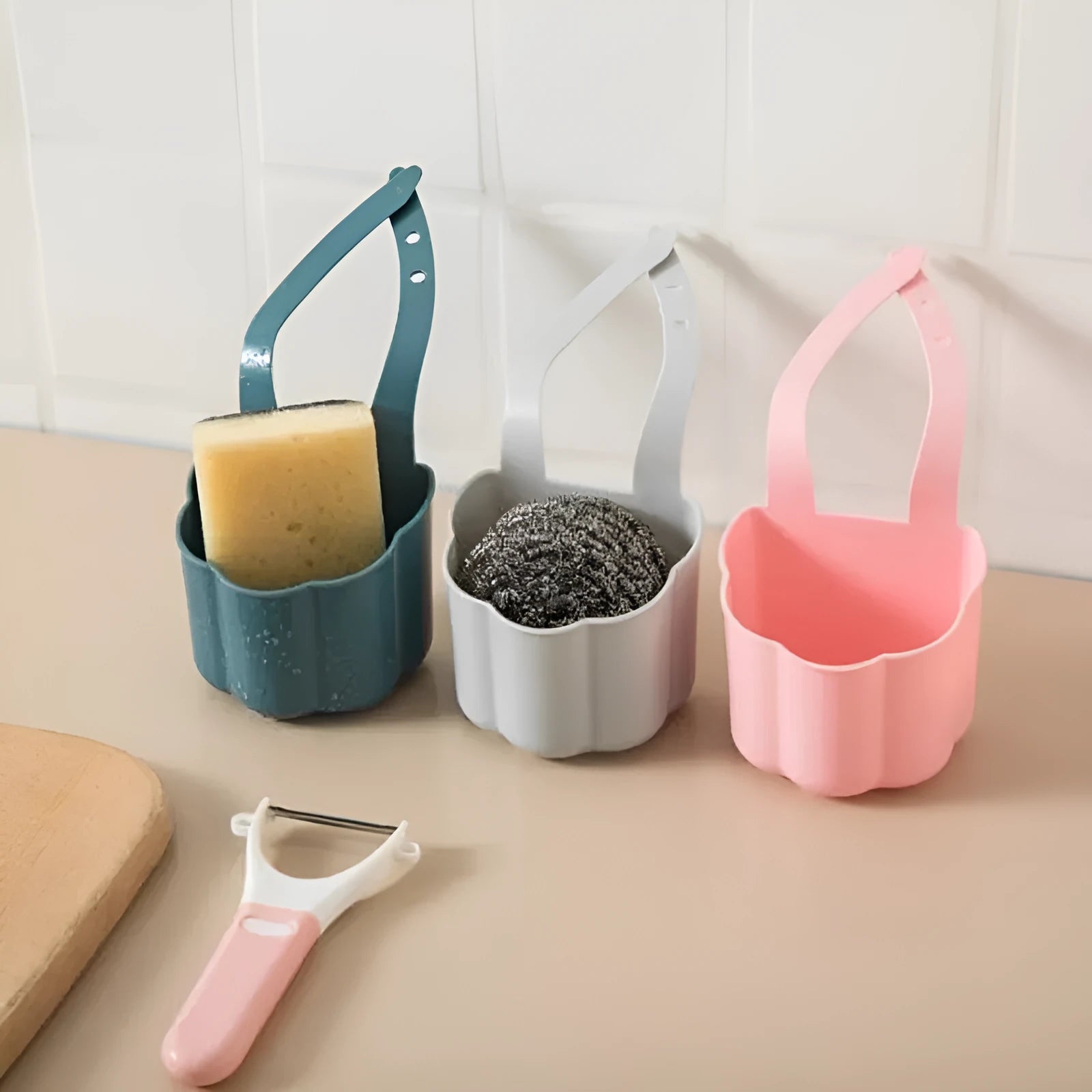 Nordic style plastic sink drain basket in dark blue measuring 20cm long for kitchen utensil storage