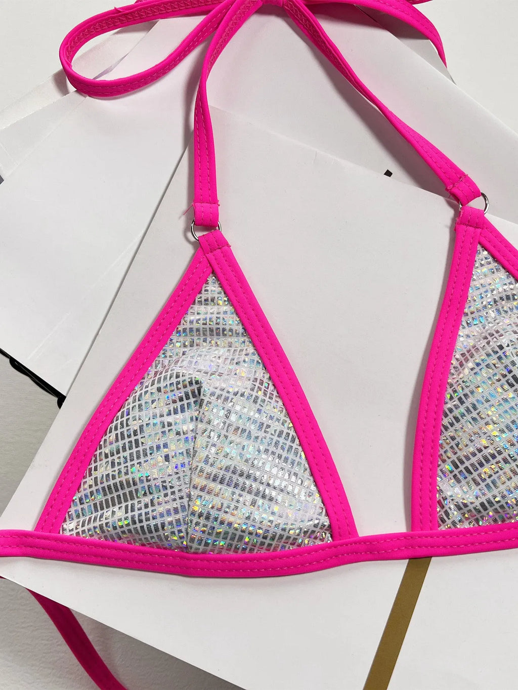 Silver solid colour women's split triangle bag swimsuit made from polyester, available in S, M and L sizes
