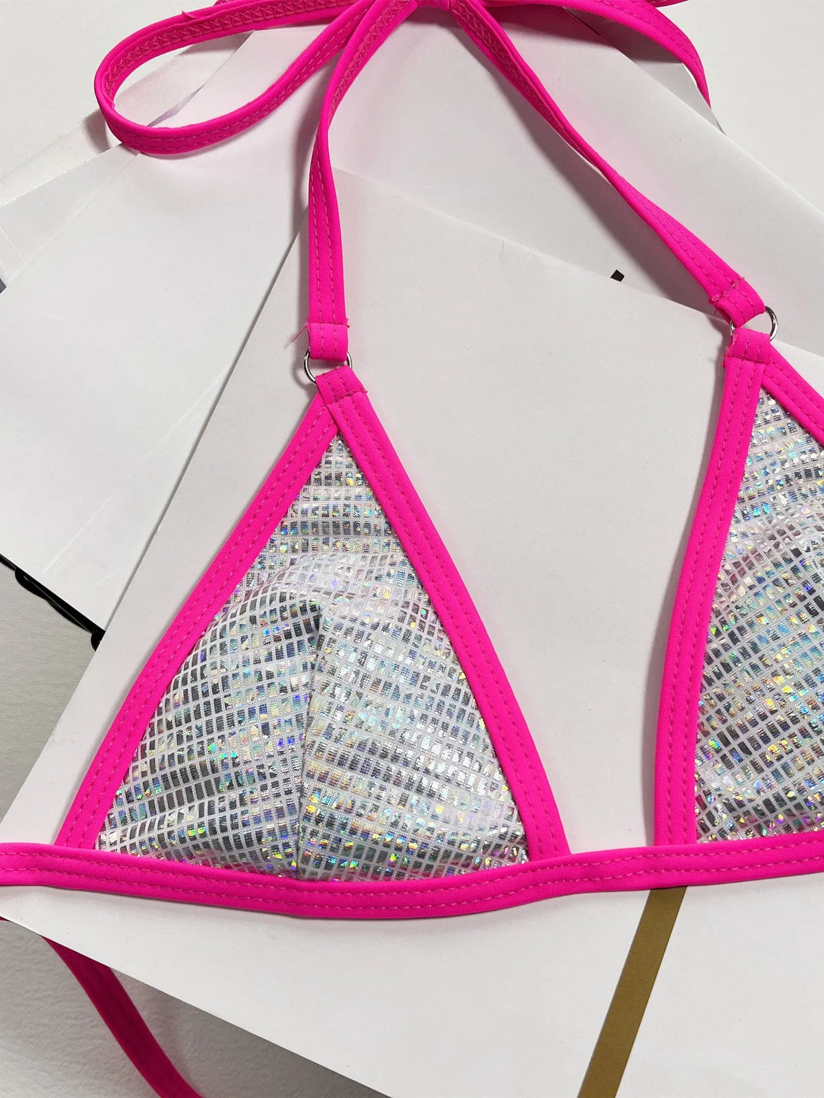 Silver solid colour women's split triangle bag swimsuit made from polyester, available in S, M and L sizes