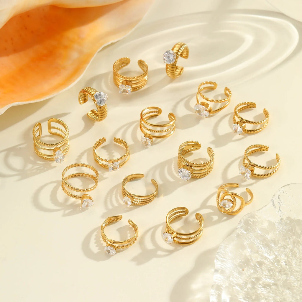 Gold electroplated stainless steel open mouth ring with zircon decoration and geometry design
