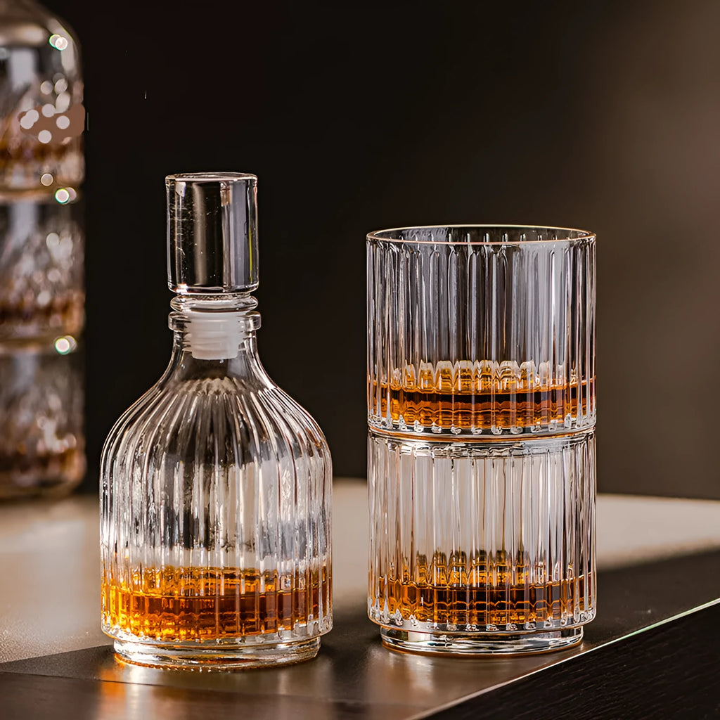 Clear glass whiskey wine glass with striped pattern on modern bar table