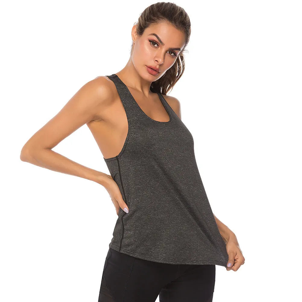 Women's athletic polyester back race vest in slate colour, O-neck design for gym and sport