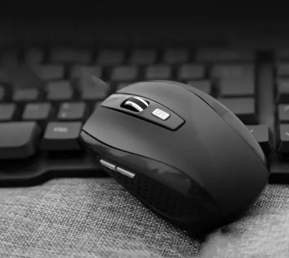 2.4G optical wireless mouse in black with USB receiver, 1000DPI, six buttons