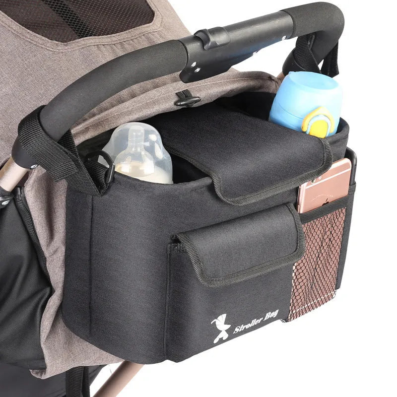 Black baby carriage bag made from 300D snowflake material with pearl cotton padding, measuring 18x30x15cm