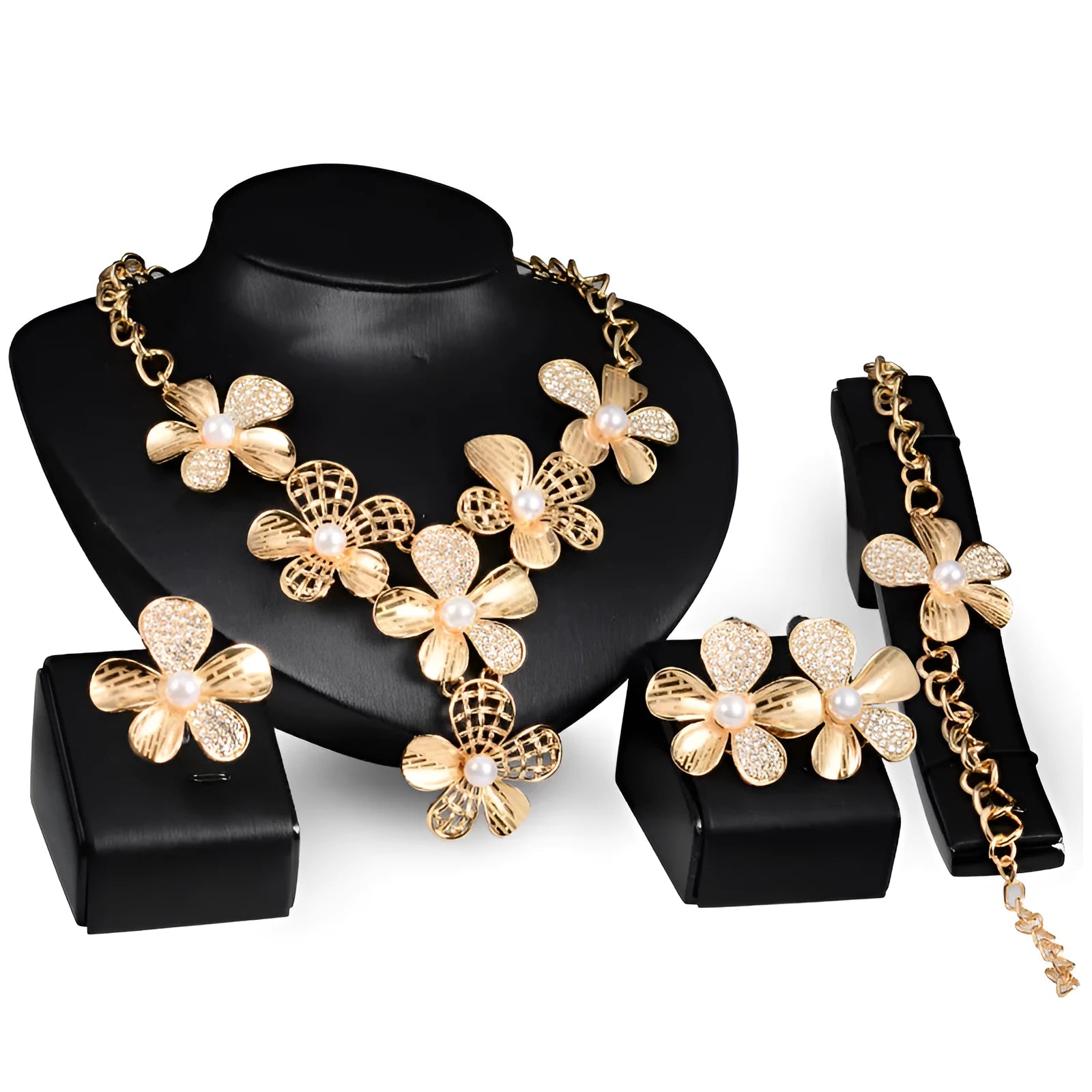 Gold alloy four-piece jewelry set with necklace, earrings, and bracelet in 18K gold finish, artificial gem details