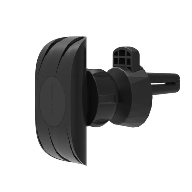 Matte black car phone holder clipped onto a car air vent, holding a smartphone.