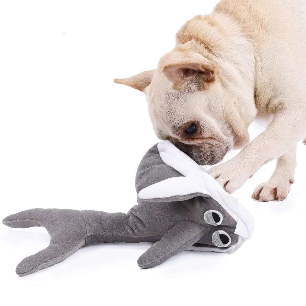 Grey pet plush toy shark doll throwing toy for dogs and cats, lightweight 105g, sizes S and M