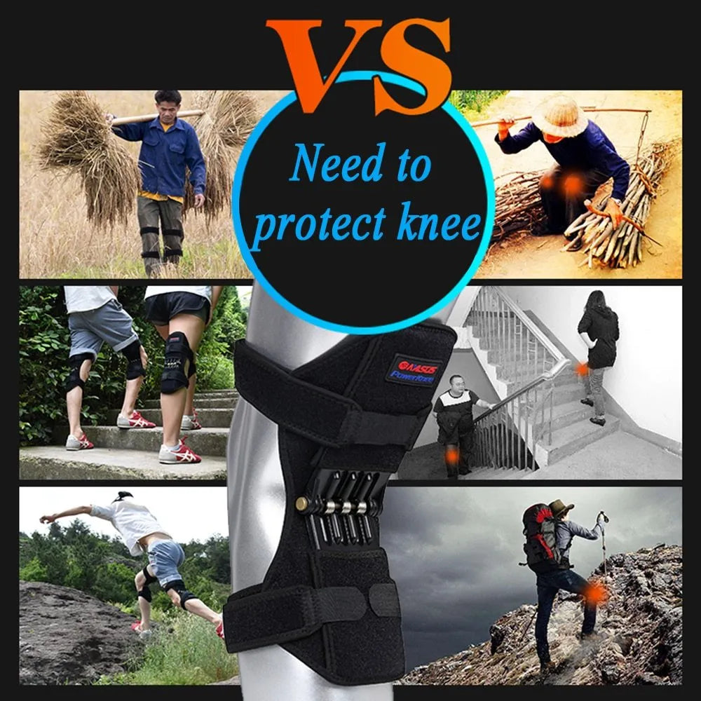 Black spring knee brace support with adjustable straps and visible venting holes, shown on a knee.
