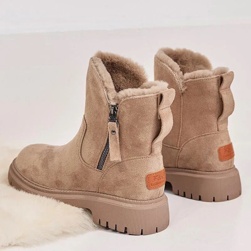 Women's high-top snow boots in black with side zip and thick plush lining