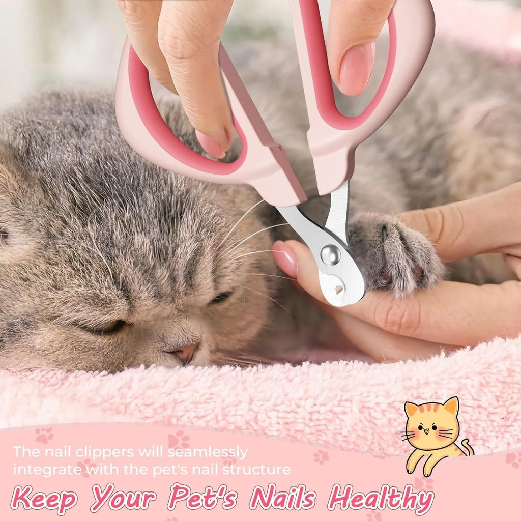 Blue cat nail clipper with a round positioning hole and non-slip handles on a white background.