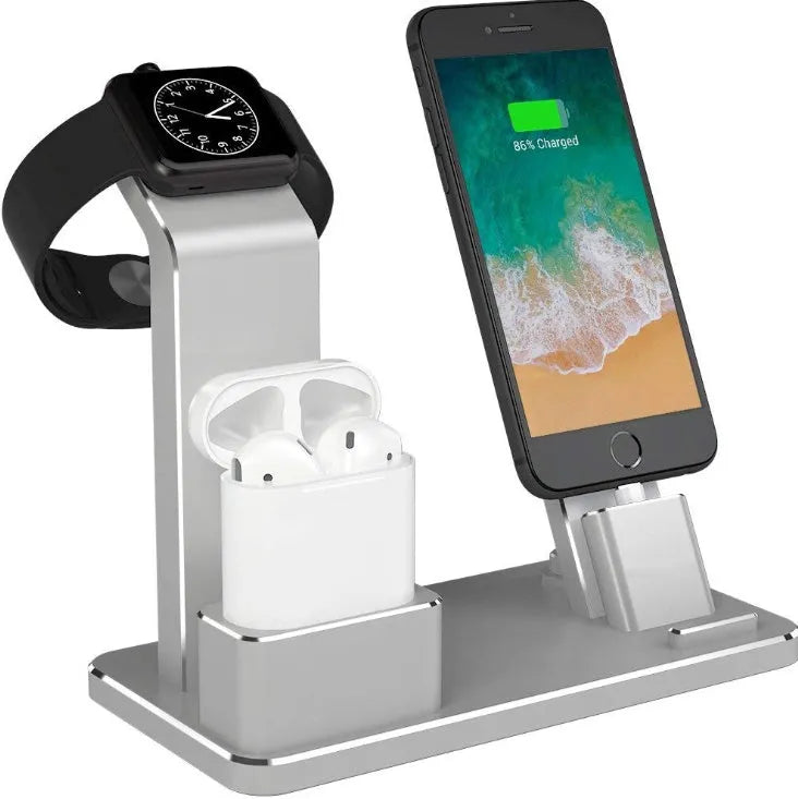 Three-in-one charging bracket for Apple Watch, phone, and headset in aluminium alloy with silicone mat