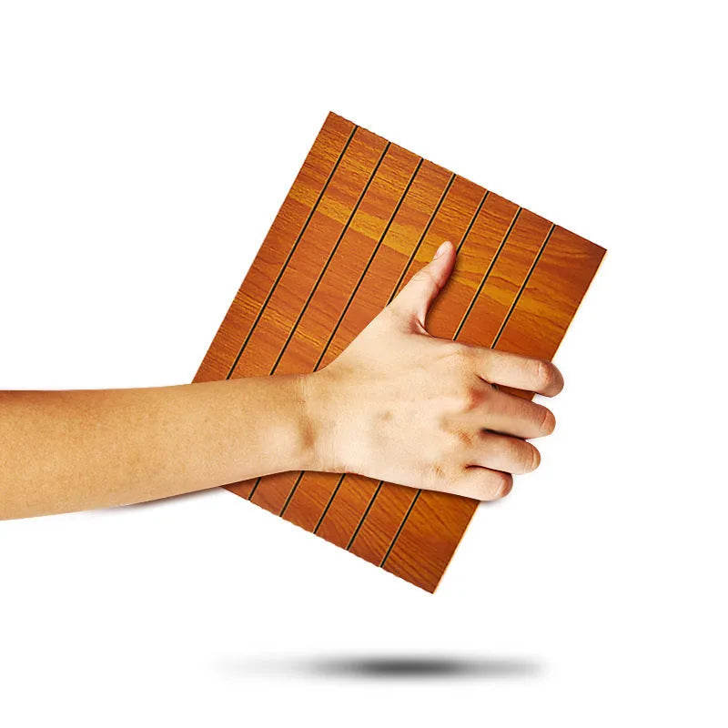 Wood grain mobile phone amplifier measuring 25.5cm wide with phone resting on display stand