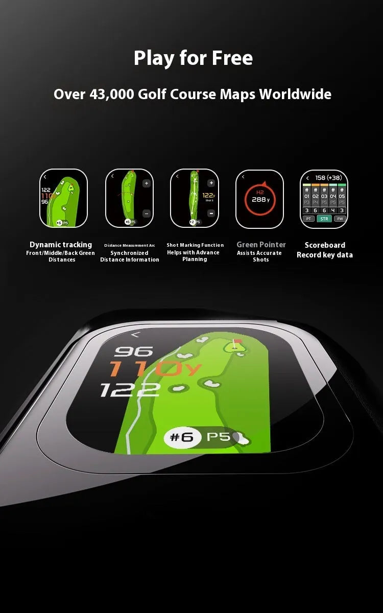GenePro G1 black golf laser rangefinder with GPS shown on golf course.