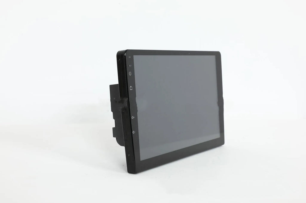 Black 10.1 inch Android car head unit with touch screen display showing navigation interface