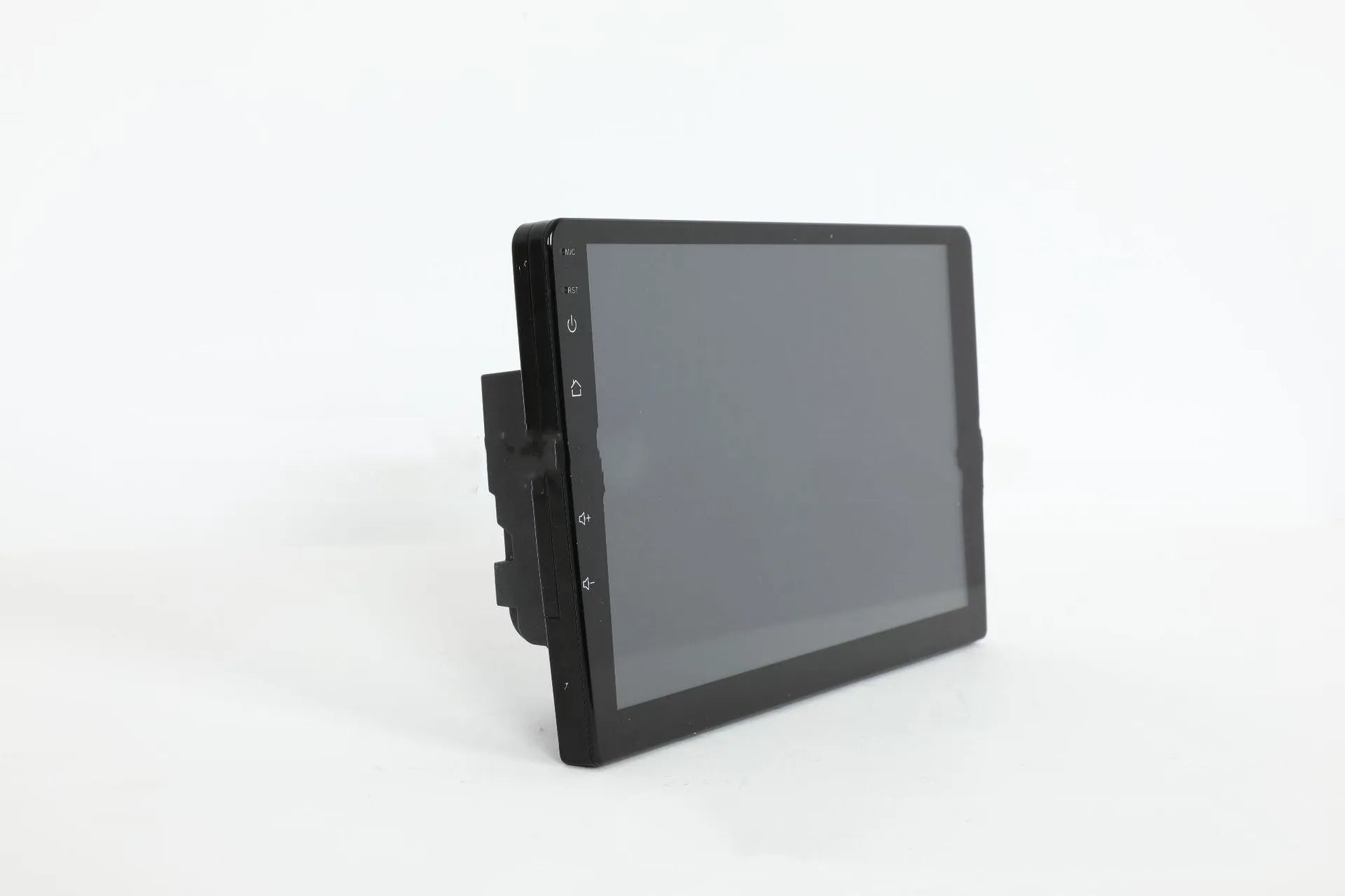 Black 10.1 inch Android car head unit with touch screen display showing navigation interface