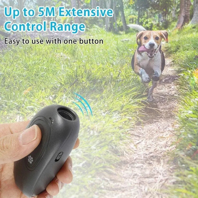Handheld ultrasonic dog repeller in black, ABS material, with transmit button and frequency dial