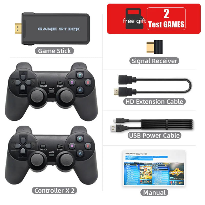 Y2HDMAX 2.4G wireless game console with two controllers and built-in TF card showing game selection screen