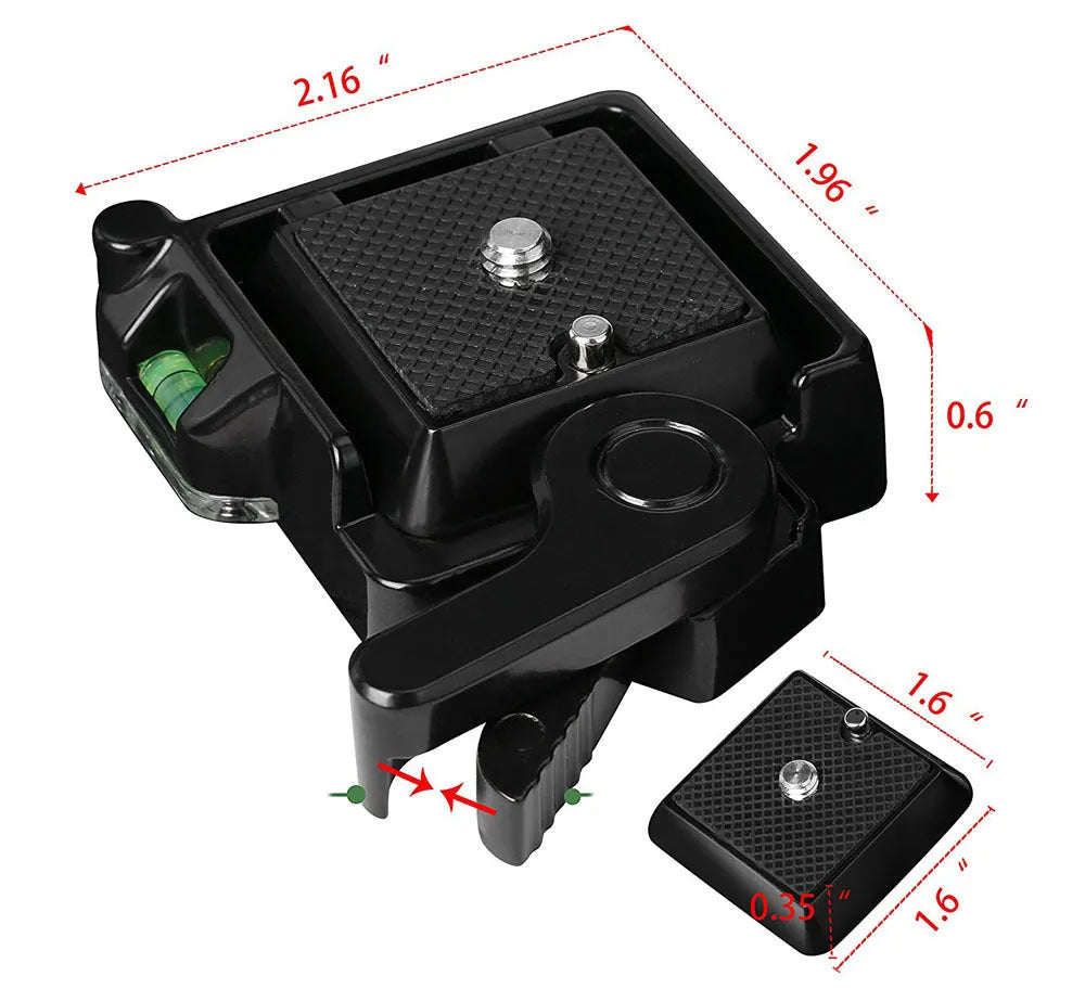 Black quick release tripod mount adapter with metal plate and base for cameras and iPhones