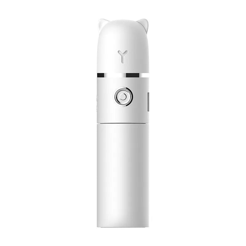 White USB rechargeable handheld spray fan with water tank, flashlight, and power bank function