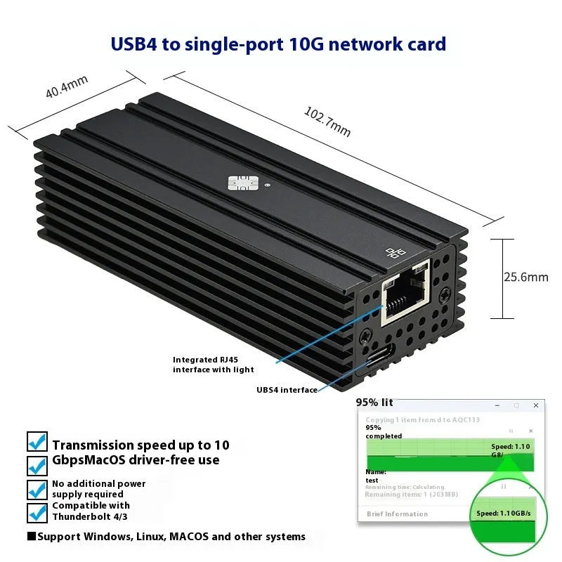 Black Leyu USB4 to 10 Gigabit RJ45 network adapter with a short attached cable
