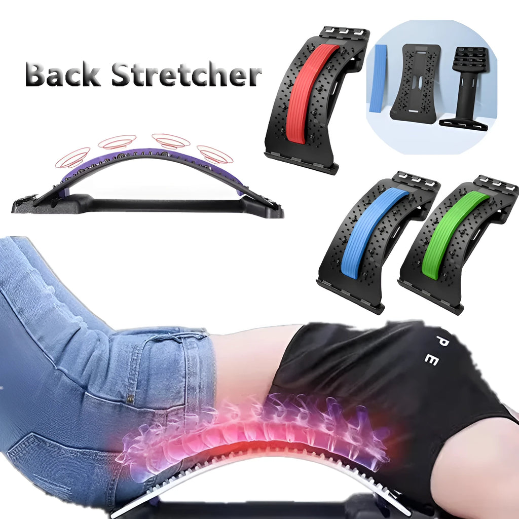Adjustable manual back stretcher massager with multiple massage heads in a rectangular trapezoid shape.