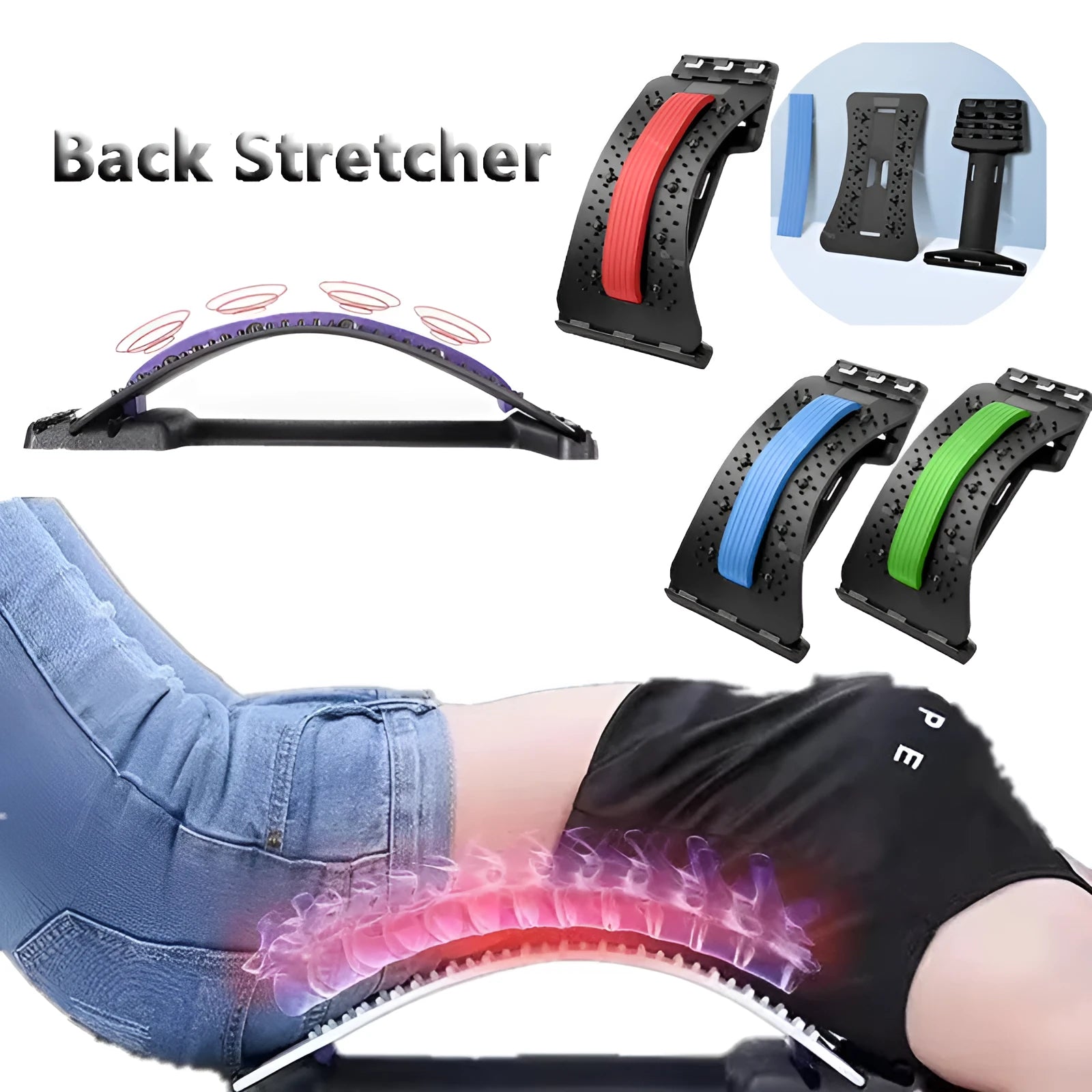 Adjustable manual back stretcher massager with multiple massage heads in a rectangular trapezoid shape.