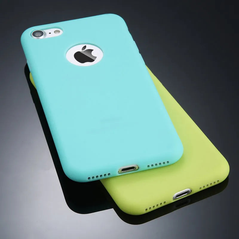 Soft silicone TPU phone case for iPhone in assorted colours on a plain background.