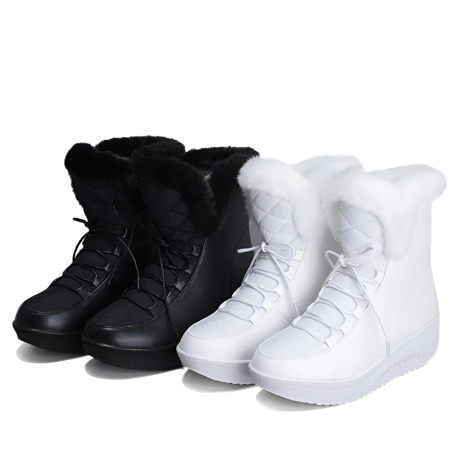 Black women's lace-up winter boots with a platform sole on a neutral background.