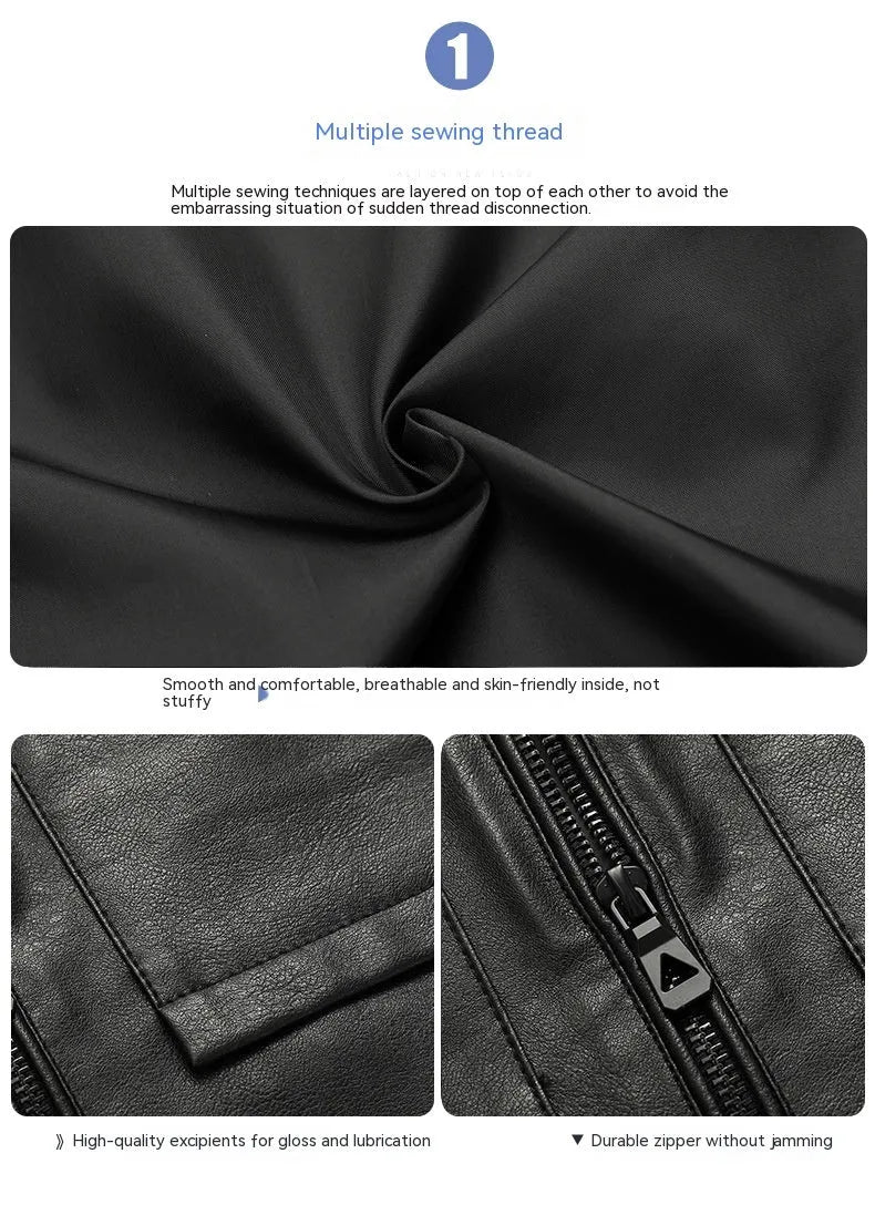 Men's slim lapel artificial leather jacket in black, side pockets, spring autumn outerwear