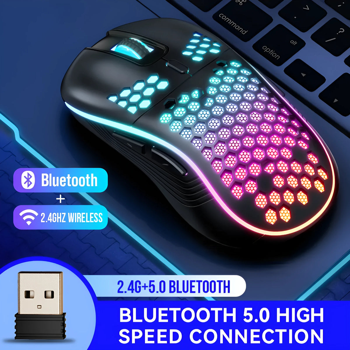 SA-1 black honeycomb shell RGB wireless gaming mouse with scroll wheel and seven buttons