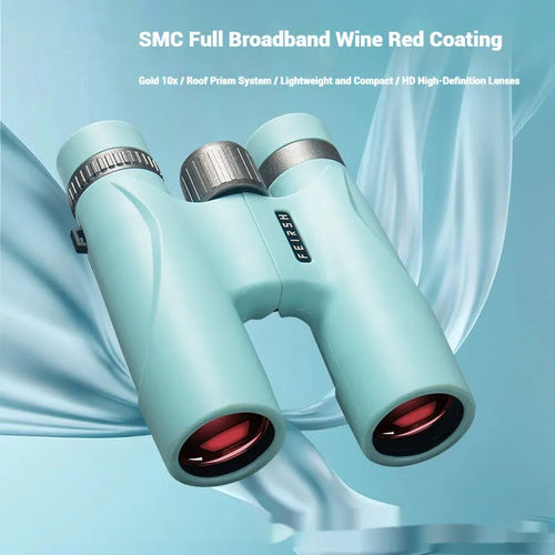 Blue or grey coloured 10x32 compact binoculars with wine red film imaging.