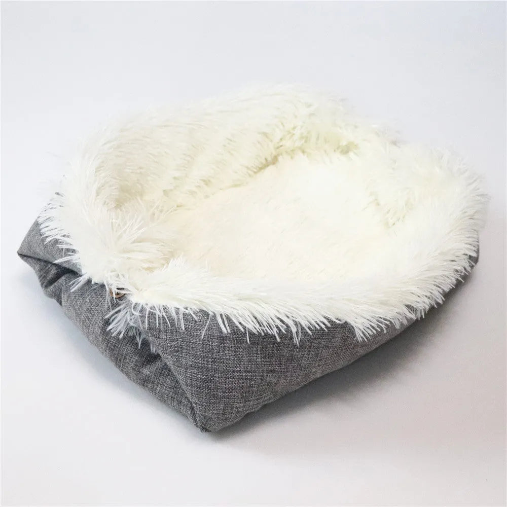 Grey white 2 in 1 pet mattress nest folded into a cosy bed with soft filling, 61x51cm size