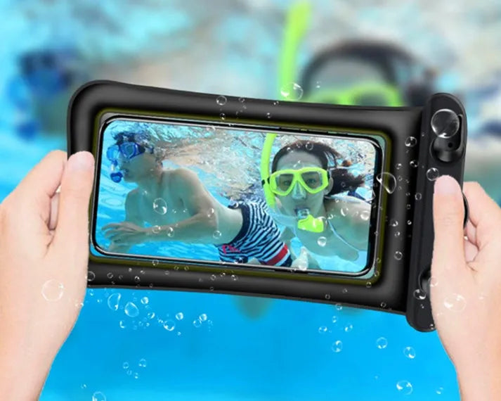 Orange waterproof phone pouch with a black ABS switch and long white neck rope.