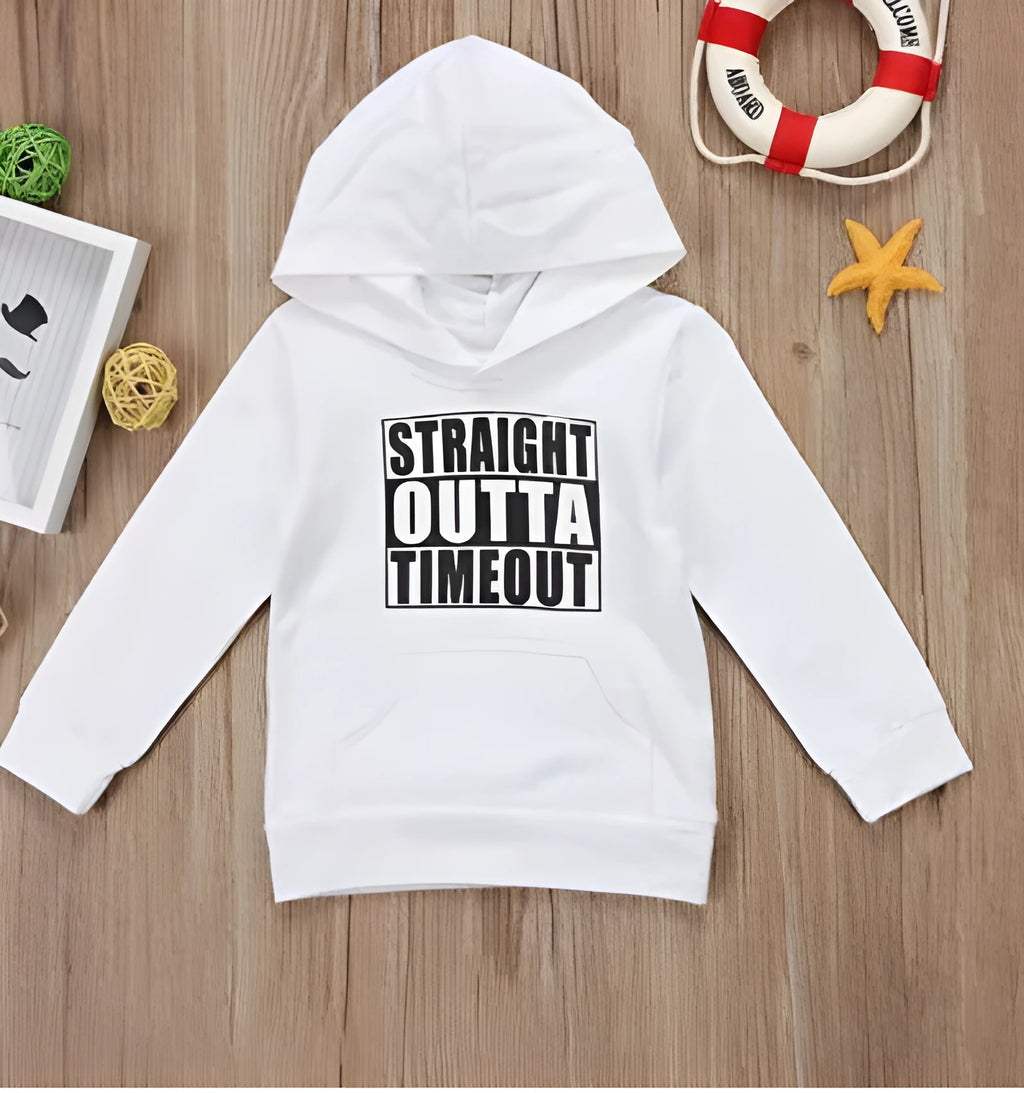 Boys' black hooded sweater with white letter print, long sleeve pullover design in 100% cotton