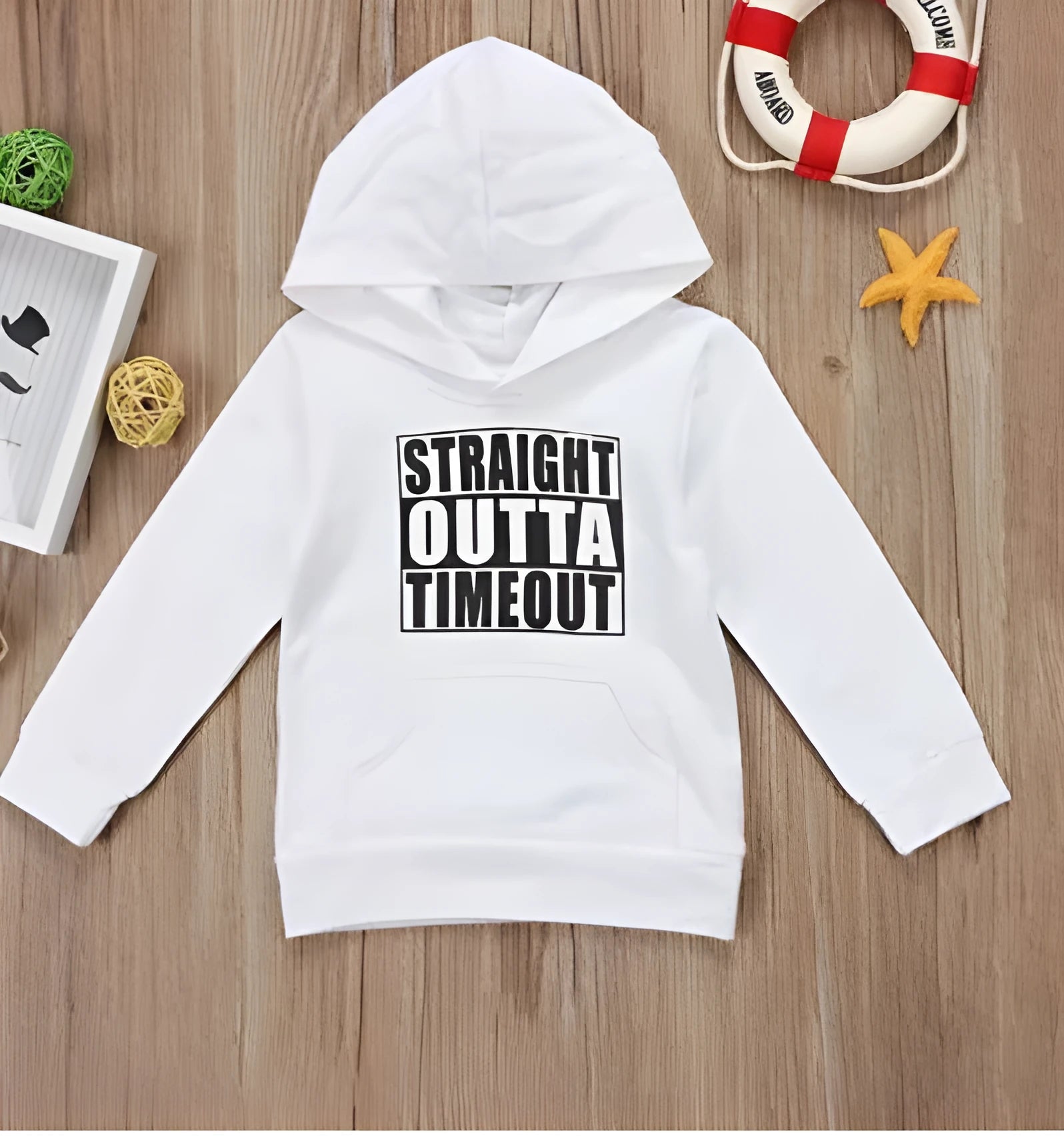Boys' black hooded sweater with white letter print, long sleeve pullover design in 100% cotton
