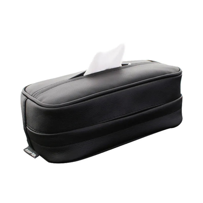 Black leather hanging storage organiser bag with strap for car or home use