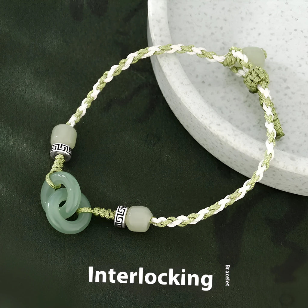 Green jade and copper ethnic bracelet with peace buckle centrepiece and double ring design