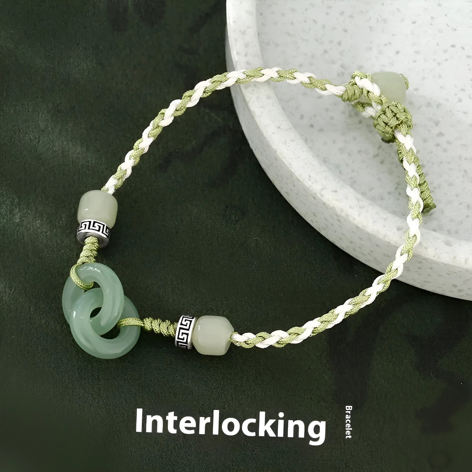 Green jade and copper ethnic bracelet with peace buckle centrepiece and double ring design