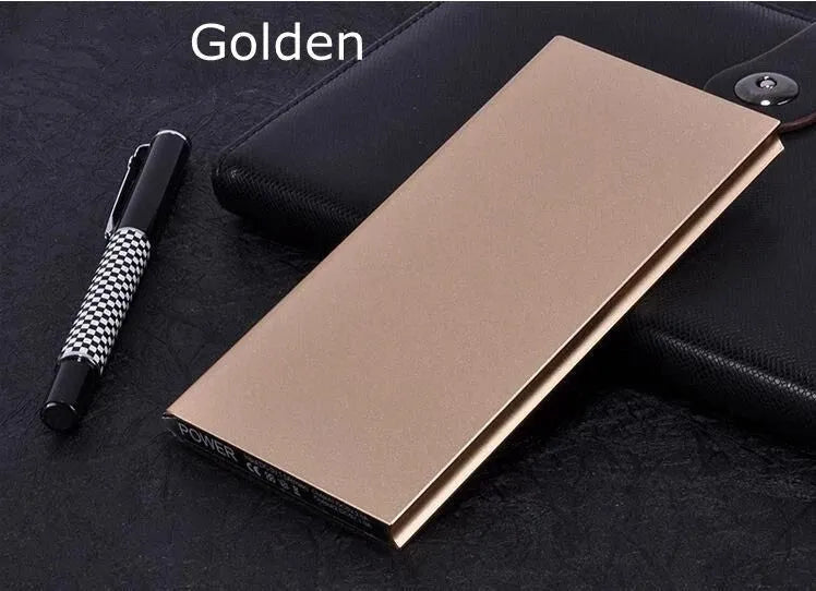 Aluminium alloy USB power bank with two USB ports and an LED light, shown in gold colour.