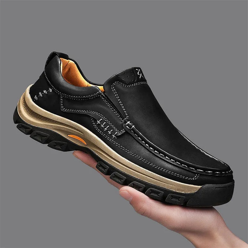 Men's black mountaineering shoes with thick rubber soles and stitched PU leather upper
