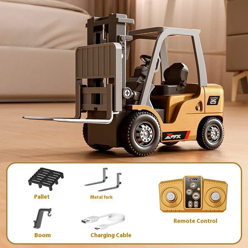 Mini blue alloy forklift remote control toy with cargo pallet and hook on a white background.