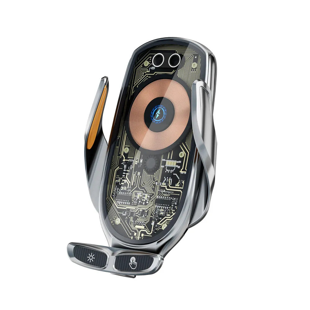 Wireless car charger with air vent mount, magnetic interface, and USB cable in gun colour or silver