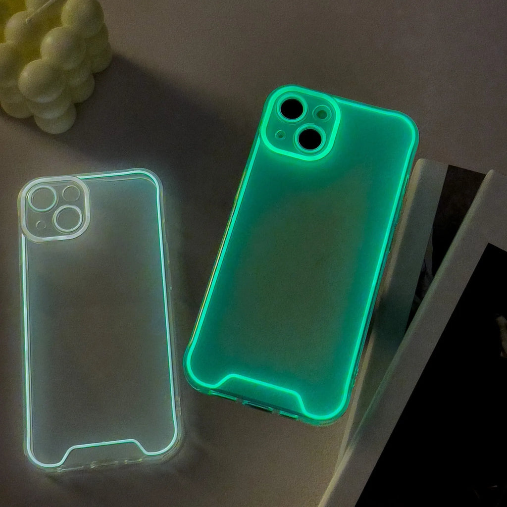 Glow in the dark Christmas phone case for iPhone in multiple colours including green, orange, blue, yellow, and pink.