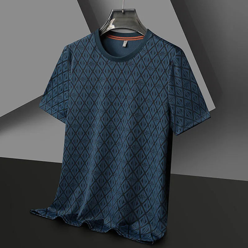 Men's loose-fit black short sleeve T-shirt made from Ice Silk Jacquard fabric.