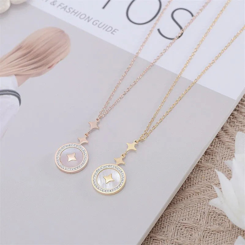 Gold titanium steel necklace with six-pointed star diamond pendant on O-ring chain