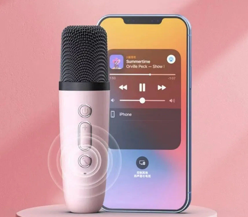 White, pink, or sky blue portable Bluetooth karaoke speaker with microphone and coloured LED lights.