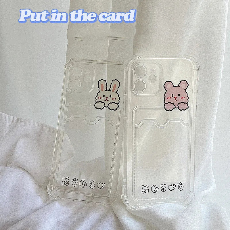 Cartoon design transparent TPU phone case with card slot for Apple iPhone