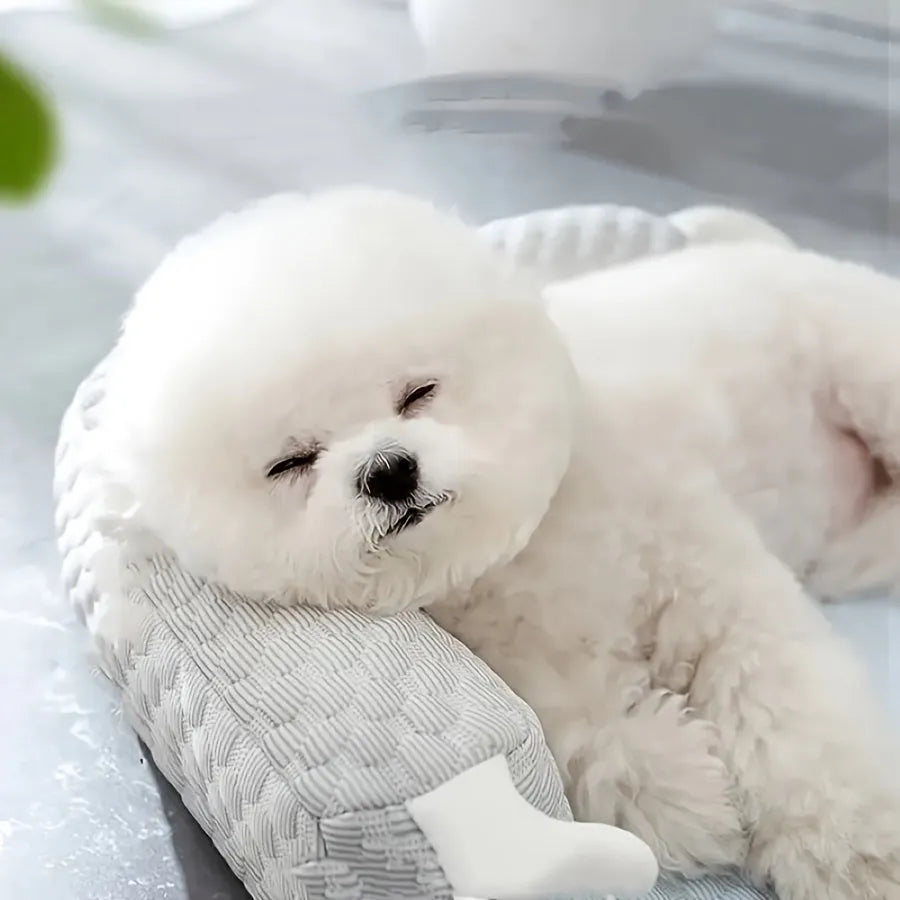 Blue pet bed cushion with big-eyed monster design, non-slip base, for dogs and cats.
