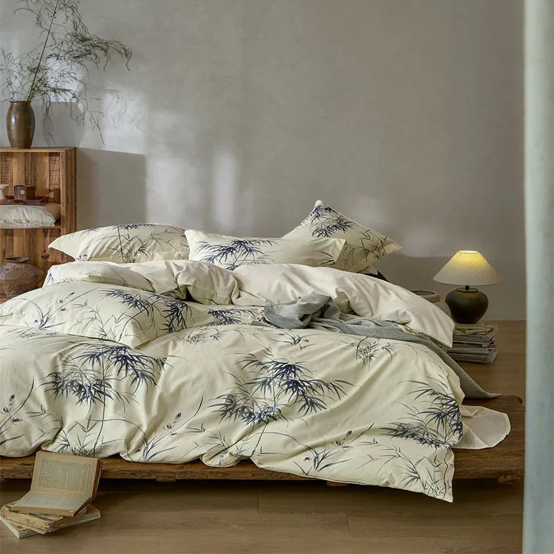 Cotton and linen yarn-dyed printed bed sheet set with plants and flowers pattern in beige, four-piece double bedding