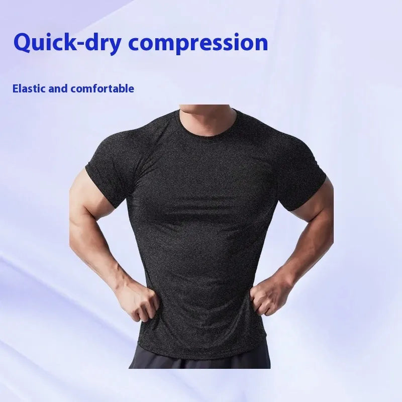 Men's tight stretch casual short sleeve t-shirt in black, gray, green, or pink colours with round neck design